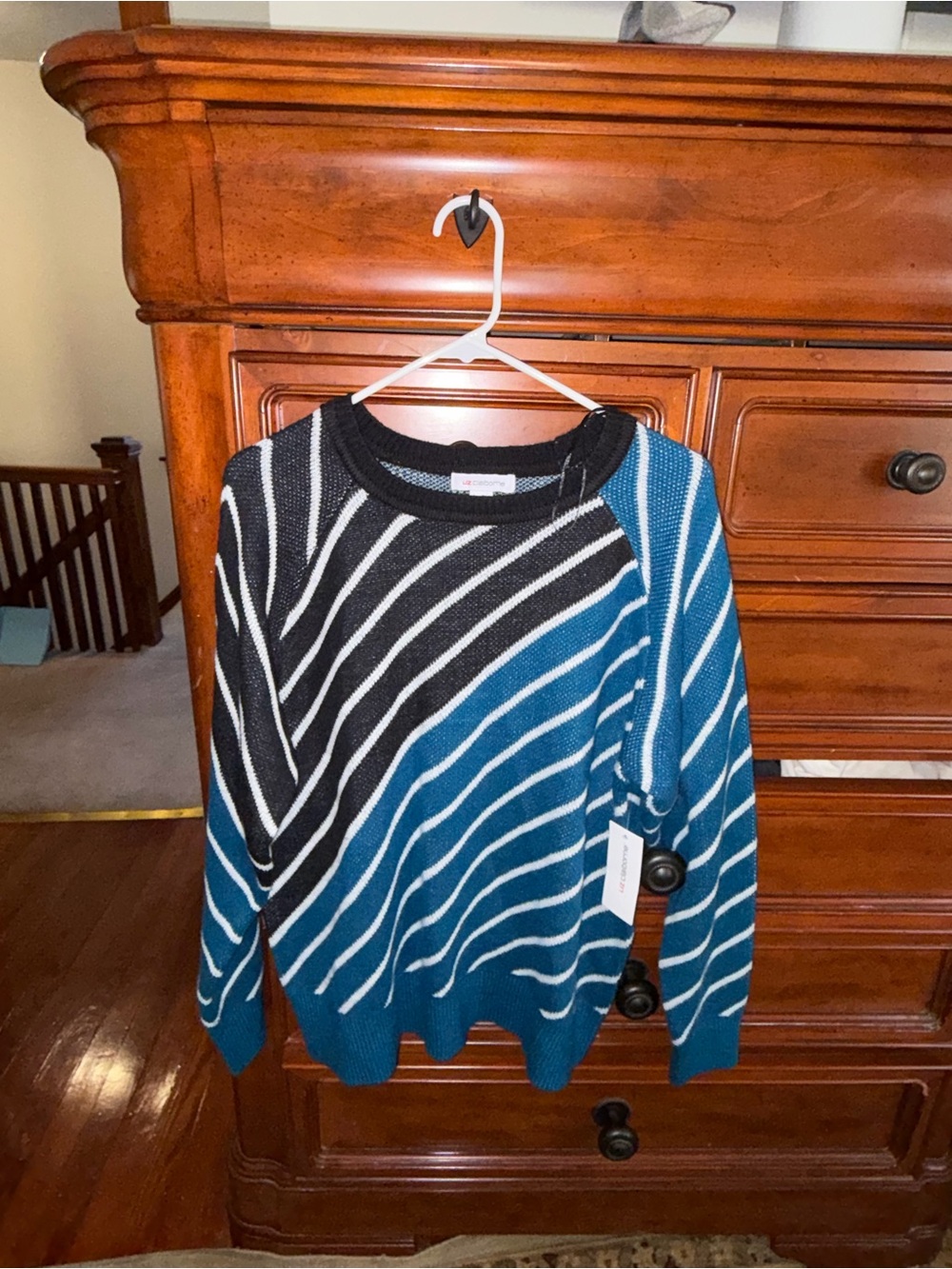 Liz Claiborne Teal Black White Striped Colorblock Sweater L NWT